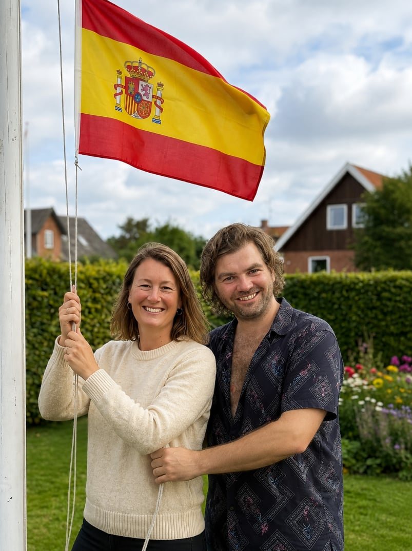 Kvinde der hejser det spanske flag i en have