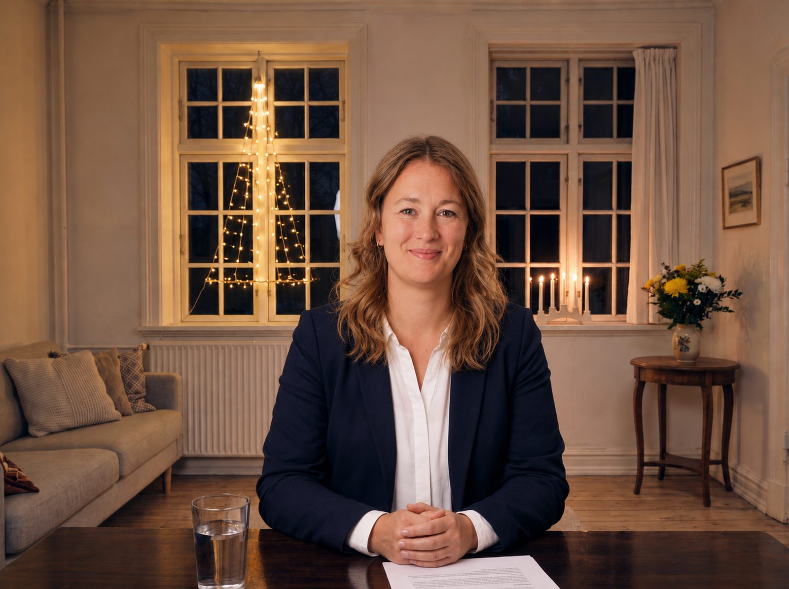 Kvinde ved et bord i en stue med levende lys og julelys i vinduet